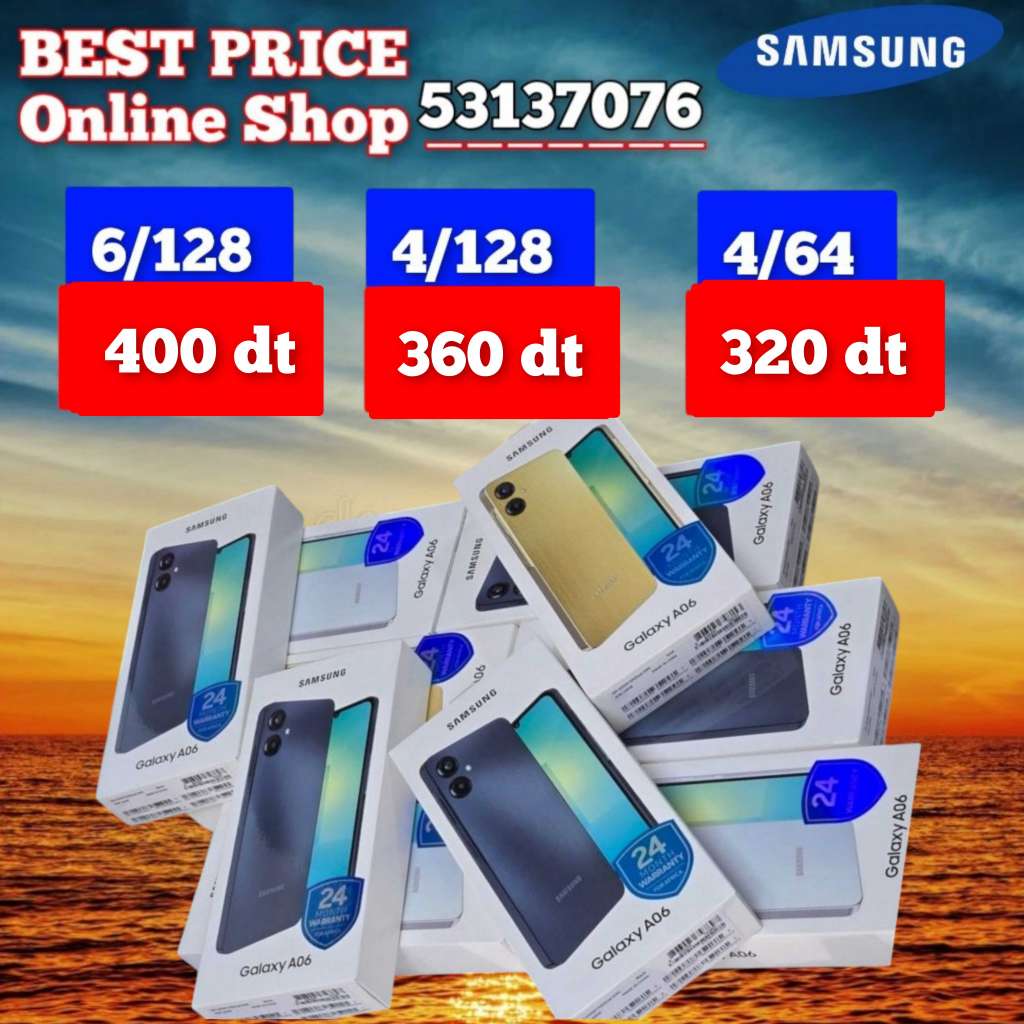 Samsung A06 Paquet fermé, validé✅
➖4/64=320 dt
➖4/128=360 dt
➖6/128 =400 dt
