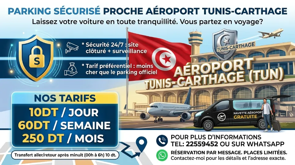 Parking tout près de l'aéroport Tunis Carthage