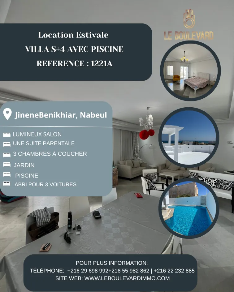 Location Estivale : Villa S+4 haut standing avec piscine située à Jinene Benikhiar, Nabeul