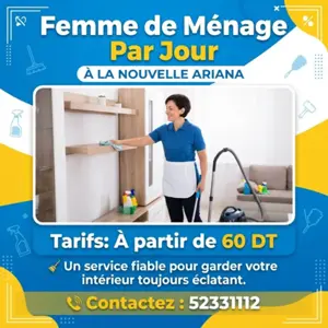 FEMME DE MENAGE PAR JOUR A LA NOUVELLE ARIANA