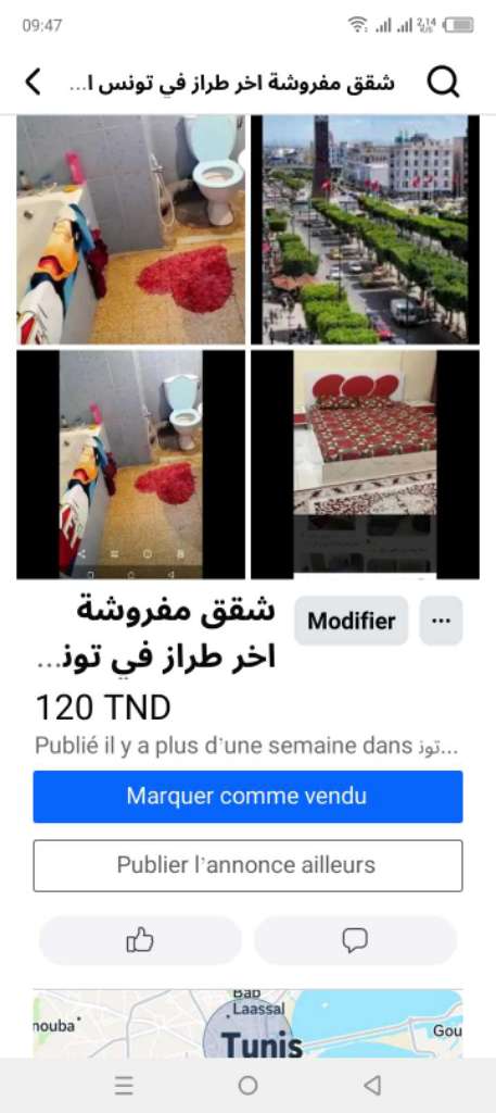 شقق مفروش آخر طراز في تونس العاصمة شارع لحبيب برقيب او العوينة 100/ 120