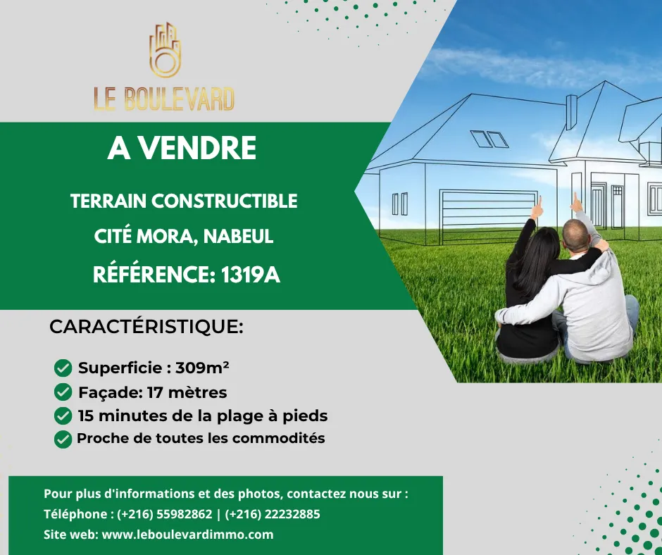 A vendre terrain 309m² à Cité Mora , Nabeul