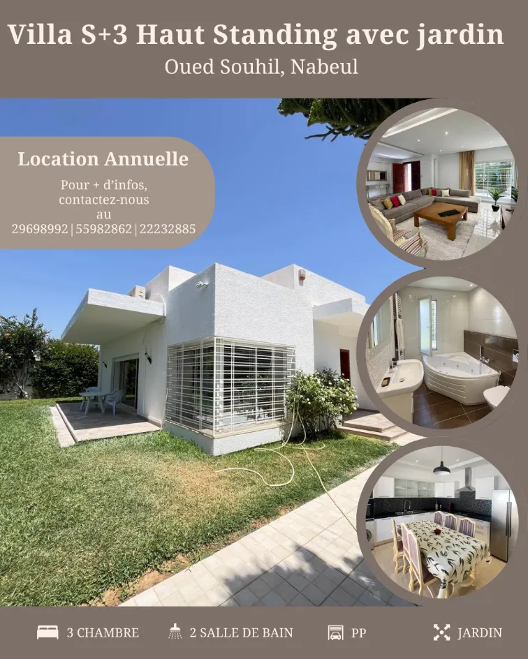 A Louer Villa S+3 Haut Standing Avec Jardin à Oued Souhil, Nabeul 