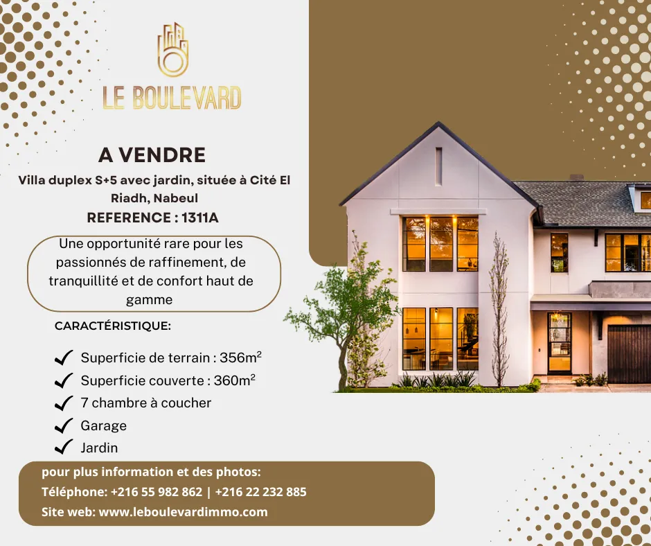 A Vendre Villa Duplex S+5 Avec Jardin à Cité El Riadh, Nabeul