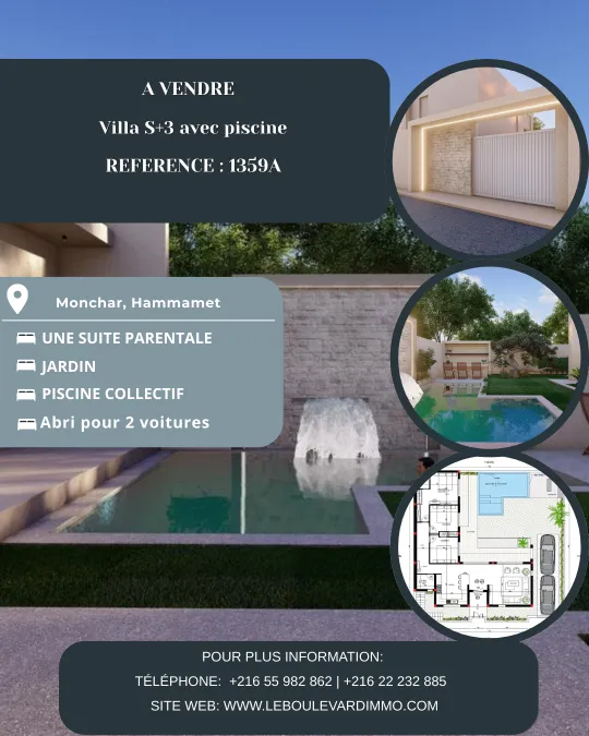 A vendre villa S+3 avec piscine à Monchar , Hammamet