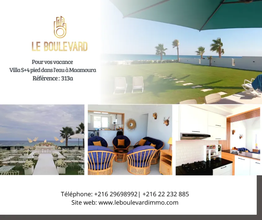 A Louer Villa S+4 Haut Standing Pied Dans L'eau Située à Maamoura, Nabeul