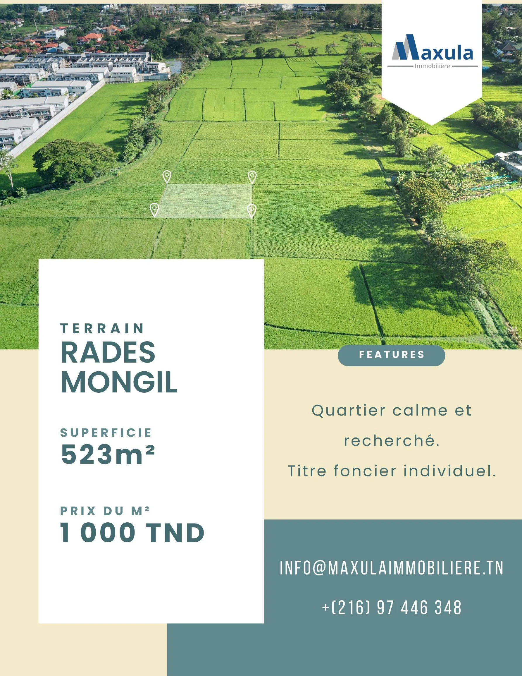 À VENDRE TERRAIN DE 523M² À RADES MONGIL