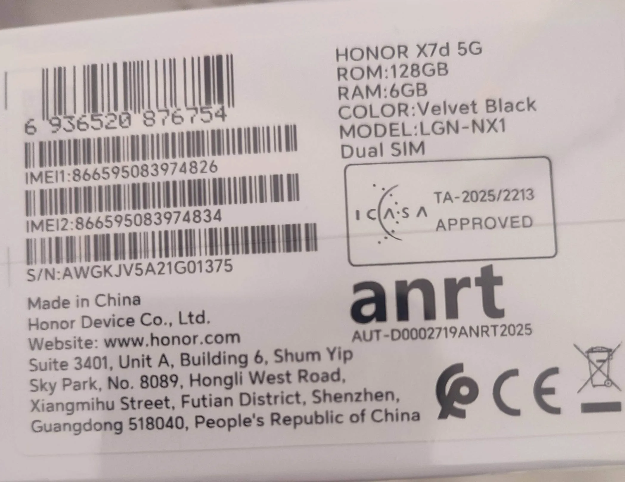 Honor x7d 6g 128gb 5G