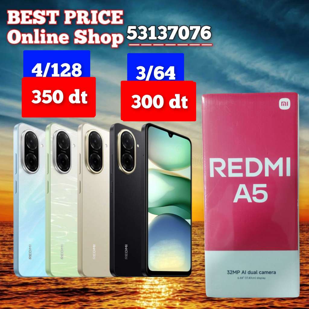 Redmi A5 Cacheté paquet fermé #Validé✔️
➖4/64=300 dt 
➖6/128=350 dt 
