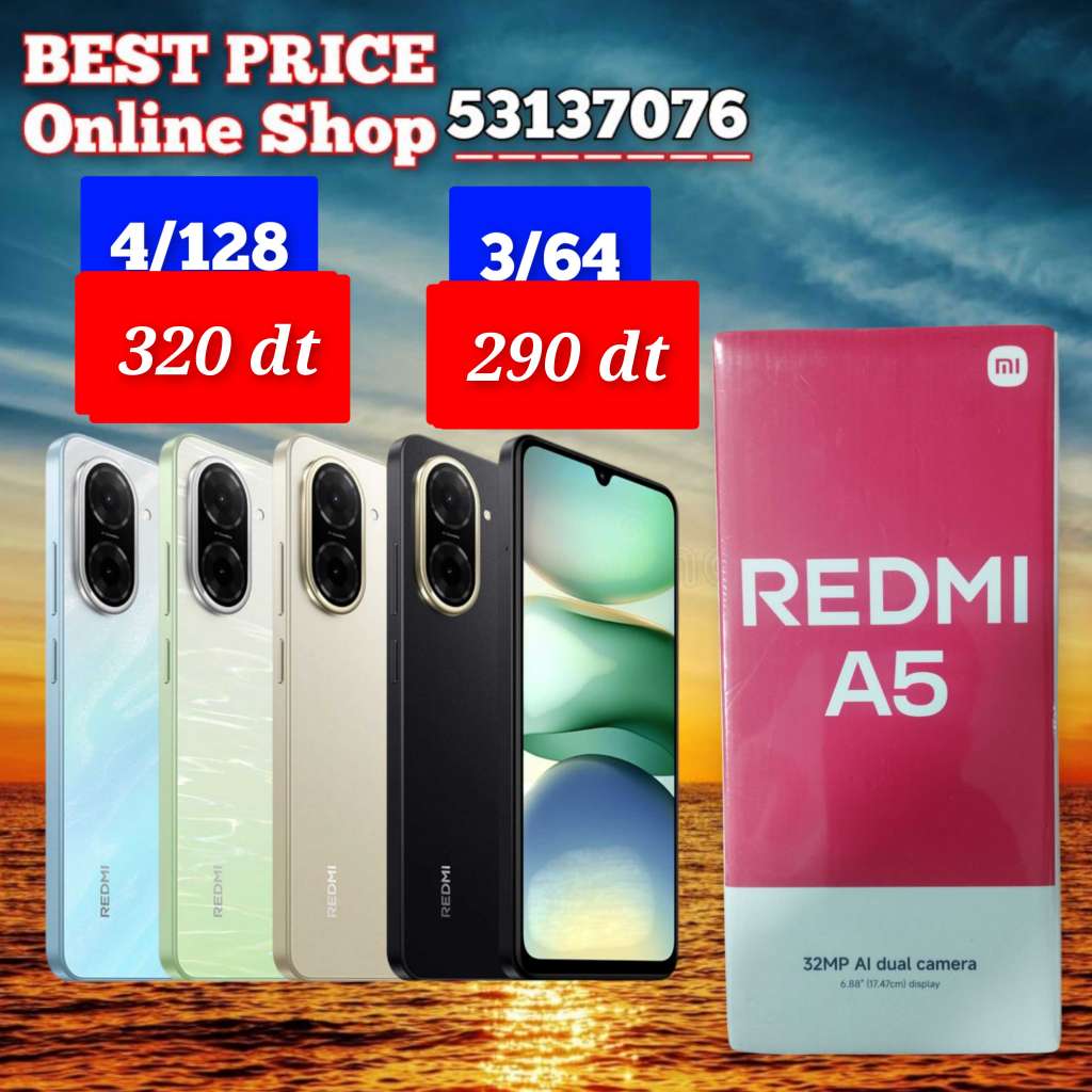 Redmi A5 Cacheté paquet fermé #Validé✔️
➖4/64=290 dt 
➖6/128=320 dt