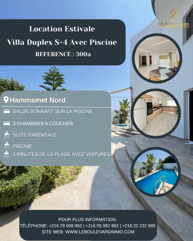 Location Estivale : Villa Duplex S+4 Haut Standing Avec Piscine à Hammamet Nord 