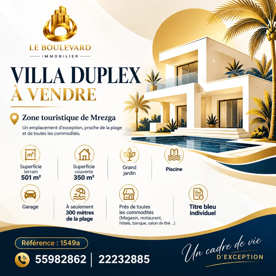 A Vendre Villa S+5 Avec Piscine Dans La Touristique De Mrezga, Hammamet Nord