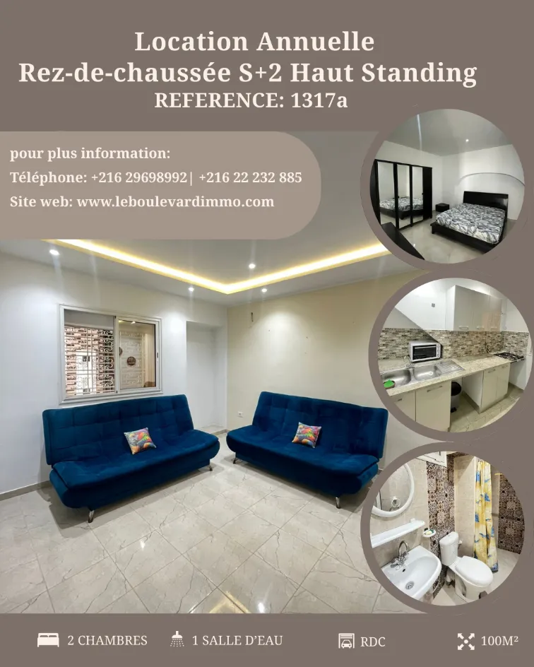 A Louer Rez-de-chaussée S+2 Haut Standing semi meublé à el mahfar, Nabeul