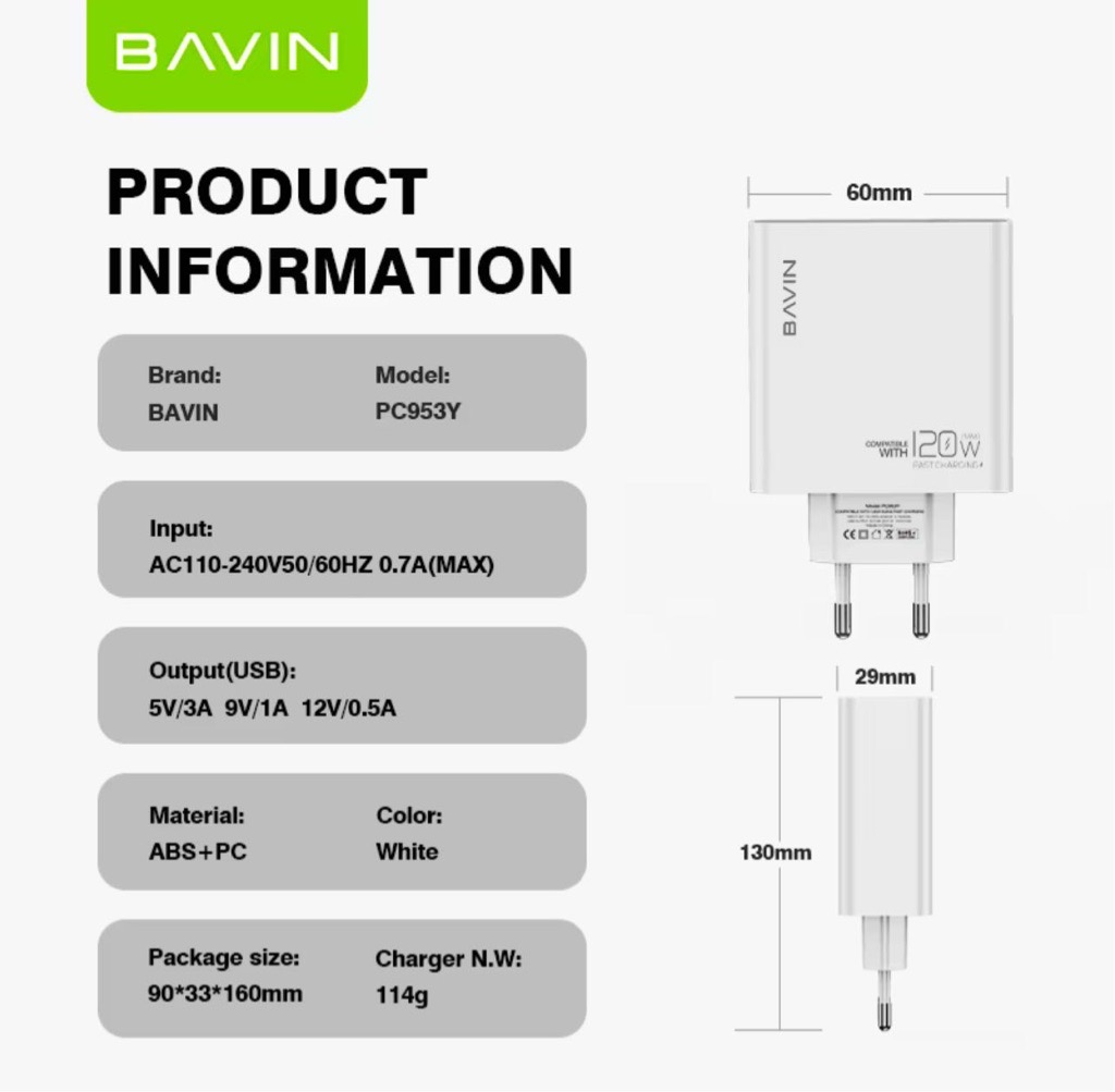 Bavin Chargeur Super Rapide 120W Avec Câble USB Vers Type C Pour Xiaomi Tunis