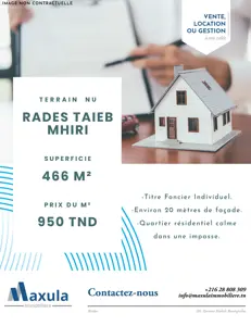 À VENDRE TERRAIN CLÔTURÉ DE 466M² À RADES CITÉ TAIEB MHIRI