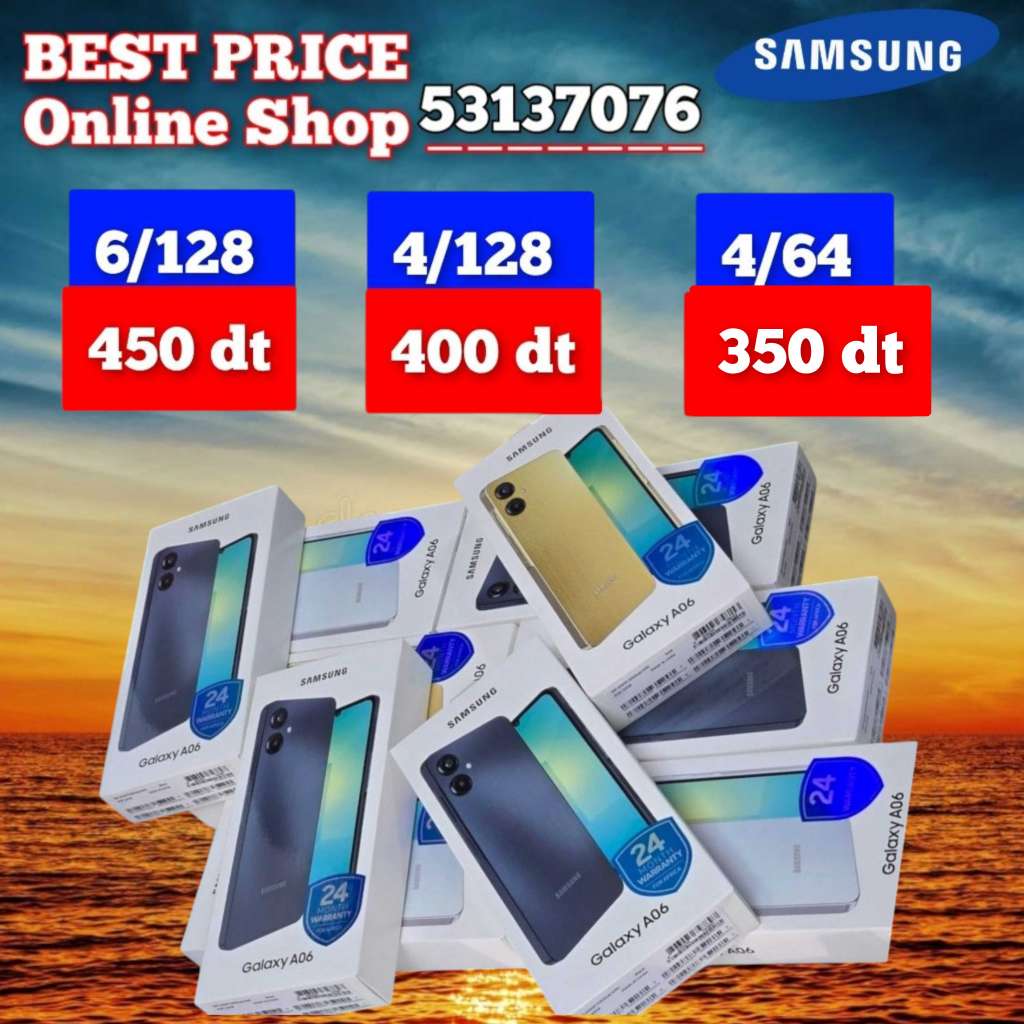 Samsung A06 Paquet fermé, validé✅
➖4/64=350 dt
➖4/128=400 dt
➖6/128 =450 dt