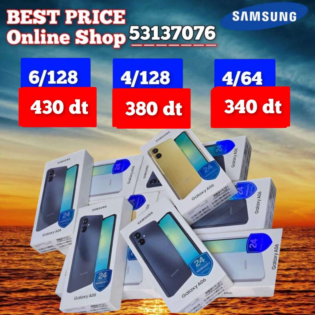 Samsung A06 Paquet fermé, validé✅
➖4/64=340 dt
➖4/128=380 dt
➖6/128 =430 dt