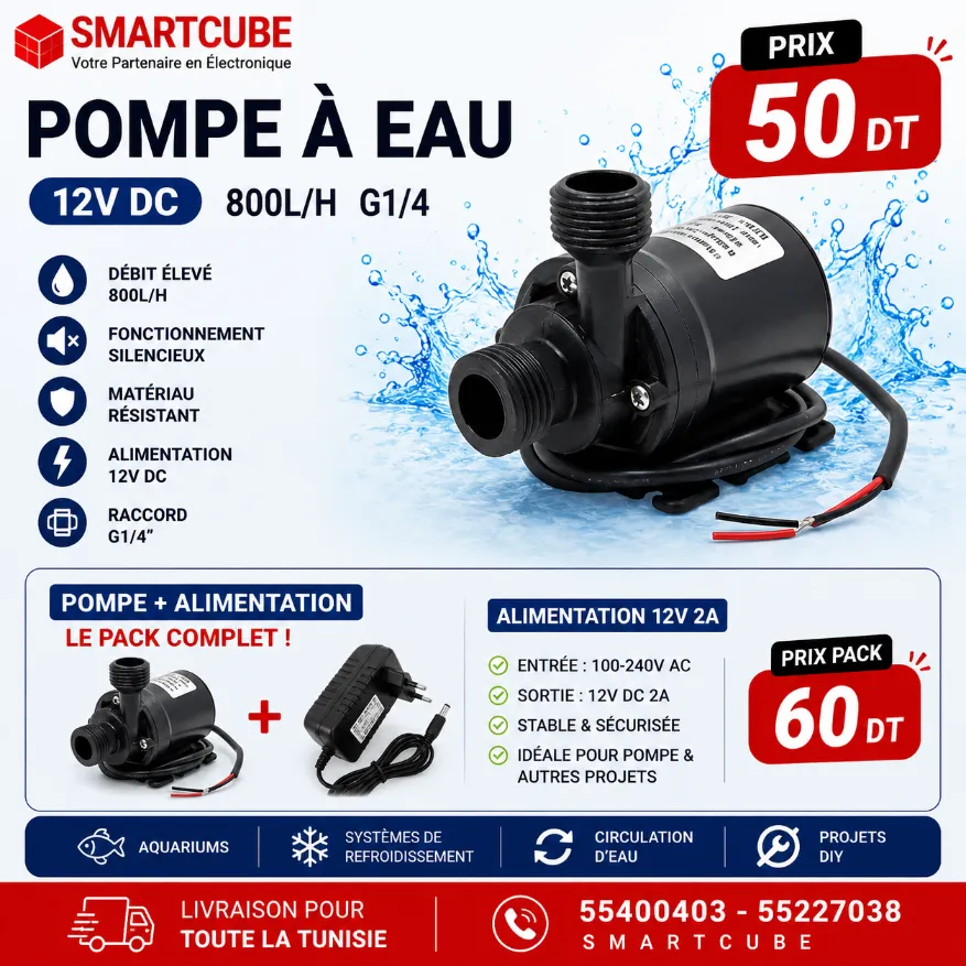 Pompe à Eau 12V DC 800L/H avec Alimentation 12V 2A 