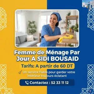FEMME DE MENAGE PAR JOUR A SIDI BOUSAID