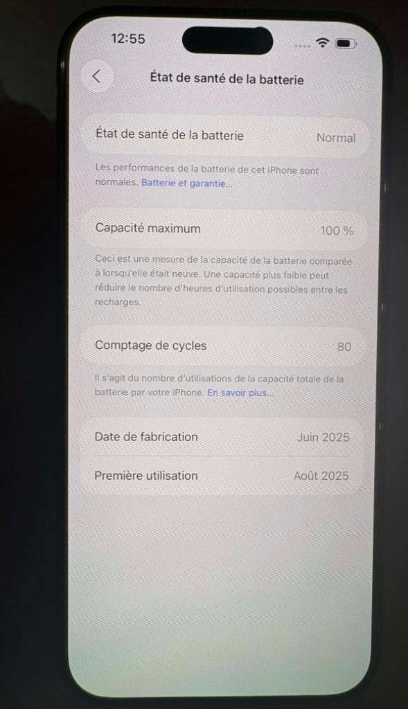 Iphone16 promax europeen batterie100% 256g