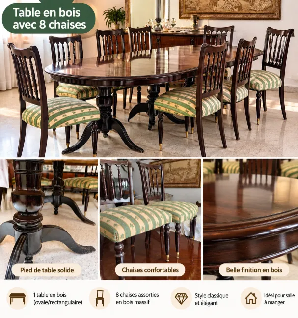 Magnifique salle à manger en bois – Table + 8 chaises – Style classique