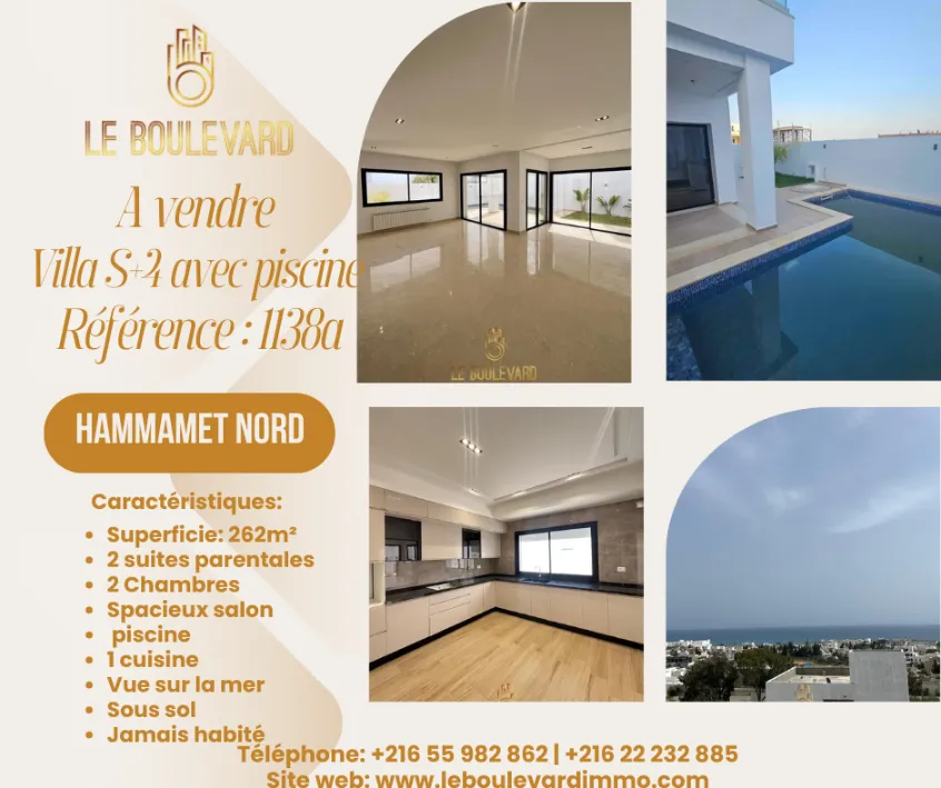 A Vendre Villa Triplex Haut Standing Avec Piscine à Hammamet Nord 