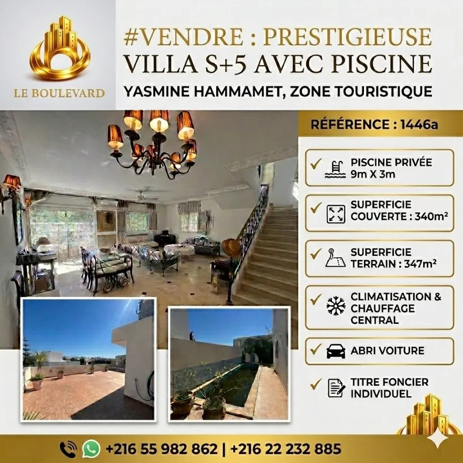 A vendre villa S+5 avec piscine à Yasmine Hammamet 