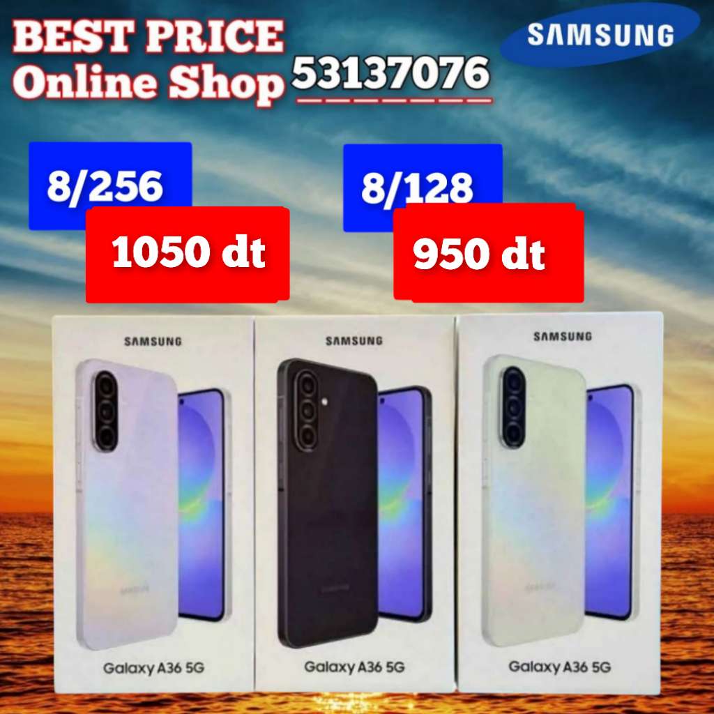 Samsung A36 5G Paquet fermé, validé✅
➖8/256 =1050 dt
➖8/128 =950 dt
