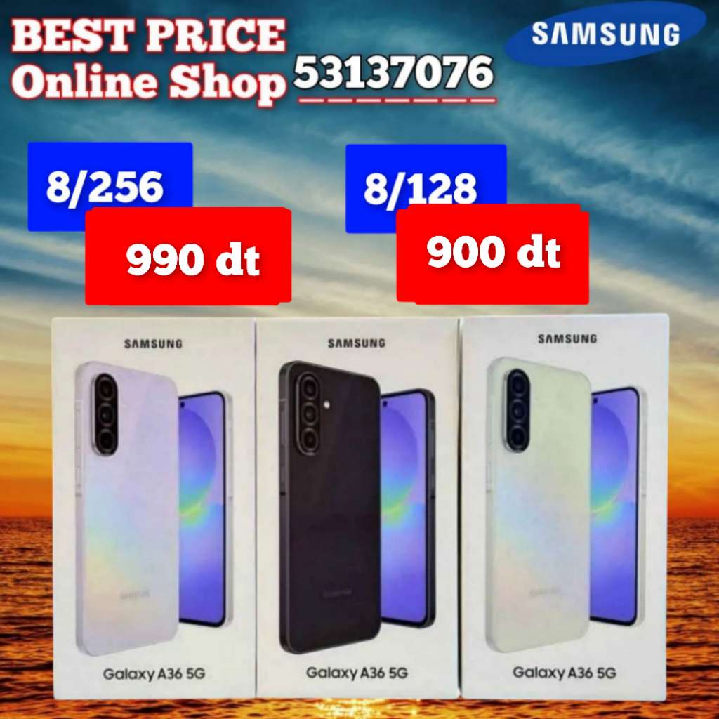 Samsung A36 5G Paquet fermé, validé✅
➖8/256 =900 dt
➖8/128 =900 dt