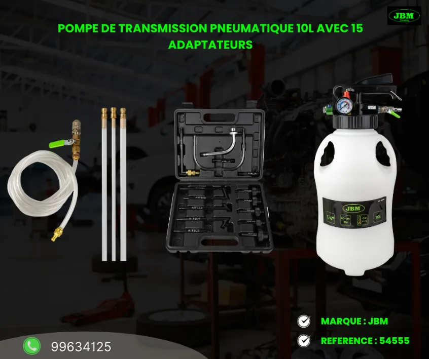 A VENDRE MATERIEL DE GARAGE REF : 54555 POMPE DE TRANSMISSION PNEUMATIQUE 10L AVEC 15 ADAPTATEURS
