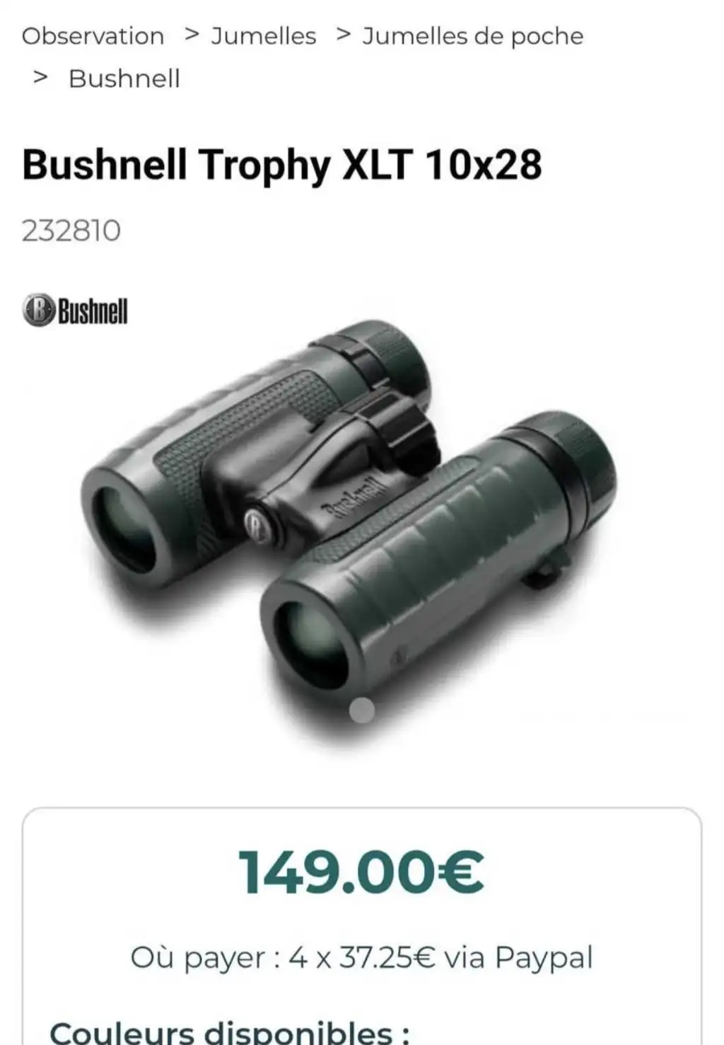 Jumelles BUSHNELL Prime 10x28đ«đ·