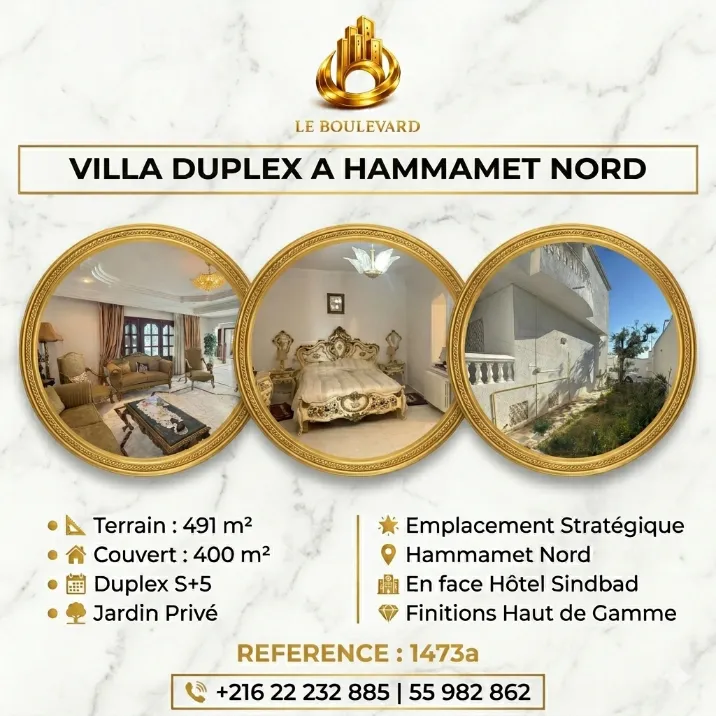 A Vendre Villa Duplex S+5 Avec Jardin à Hammamet Nord, en face de l’hôtel Sindbad