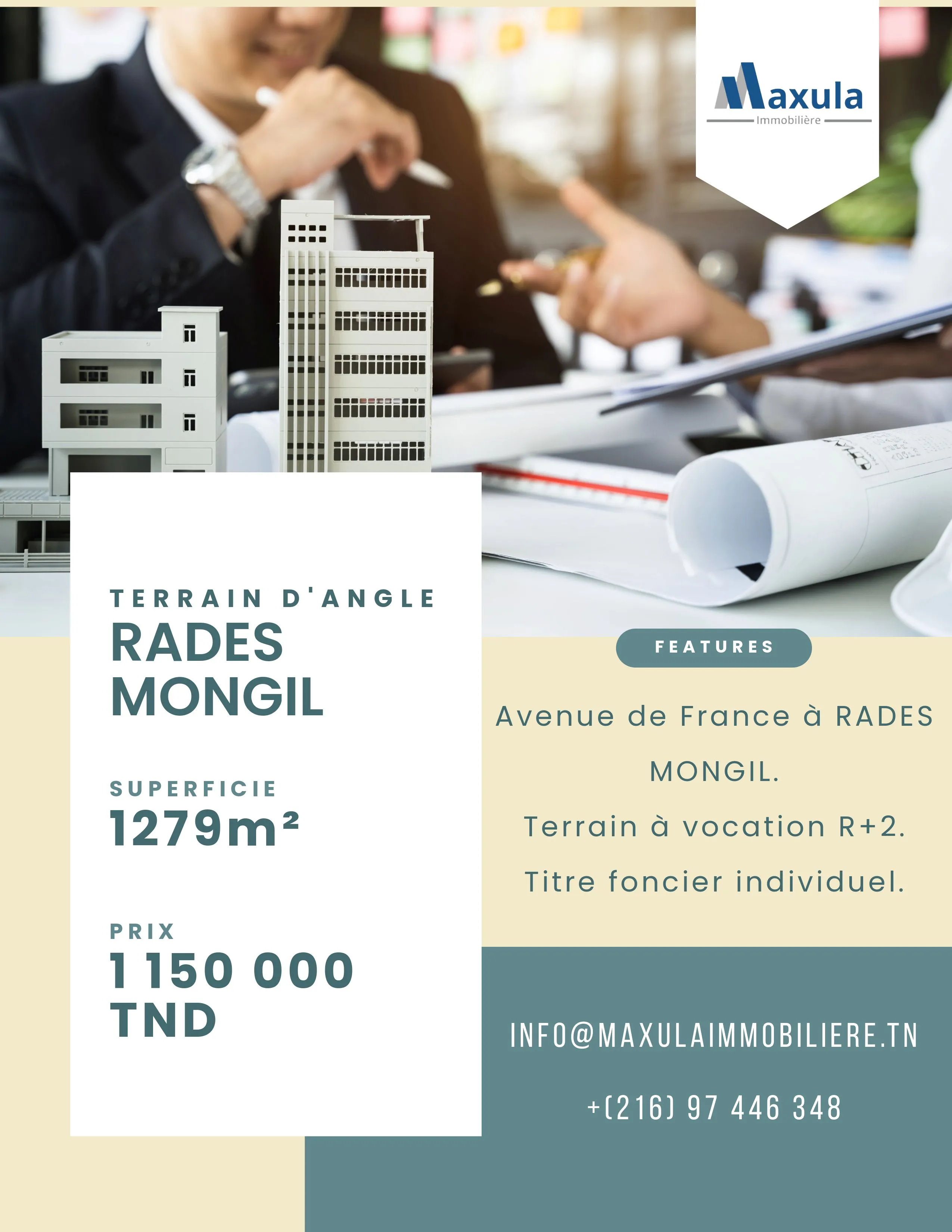 À VENDRE TERRAIN D’ANGLE AV DE FRANCE À RADES MONGIL